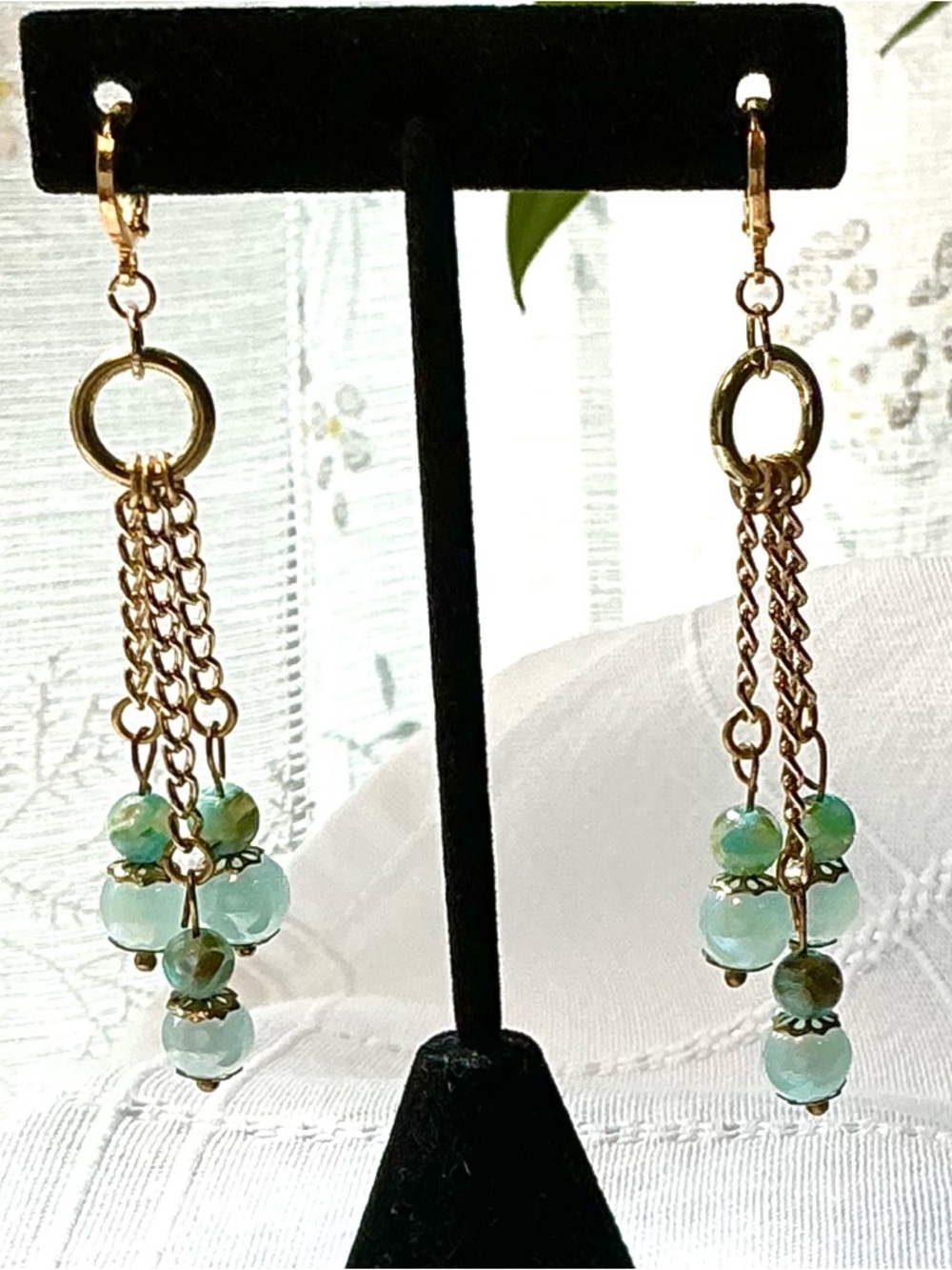 Handcrafted Gold Chain Drop Earrings with Aqua Beads R&R Designs